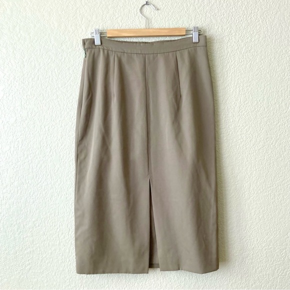 Burberry Pencil Skirt Vintage Khaki Tan Front Pleat Knee Midi Size 10 Long - Picture 1 of 14